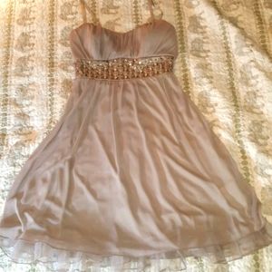 Taupe mesh cocktail dress with rhinestone detail
